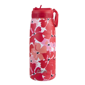 Oasis Stainless Steel Double Wall Insulated Sports Bottle With Sipper Straw 780ml - Red Poppies