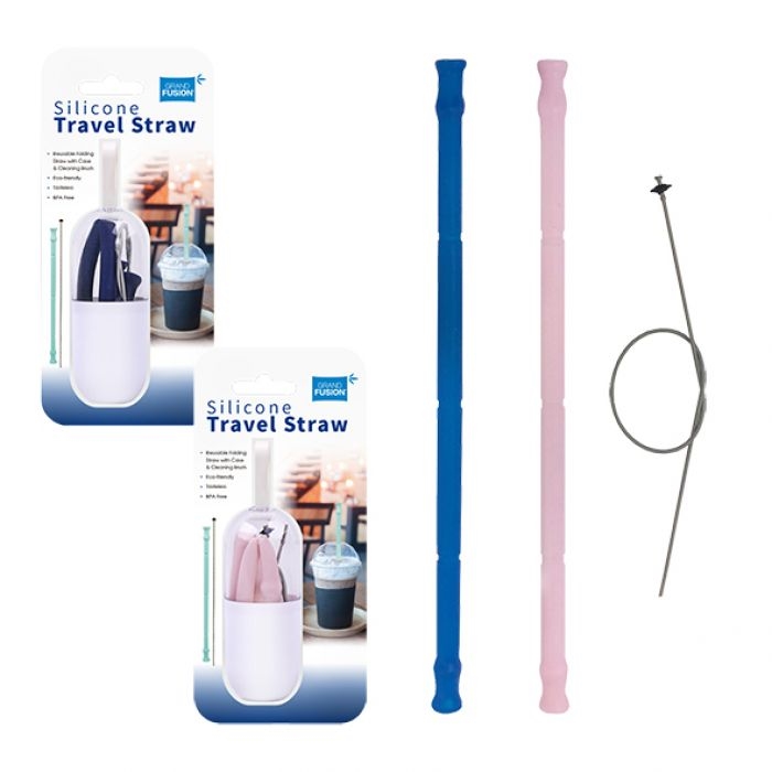 Grand Fusion Silicone Travel Straw With Cleaner - 2 Asst. Colours-1