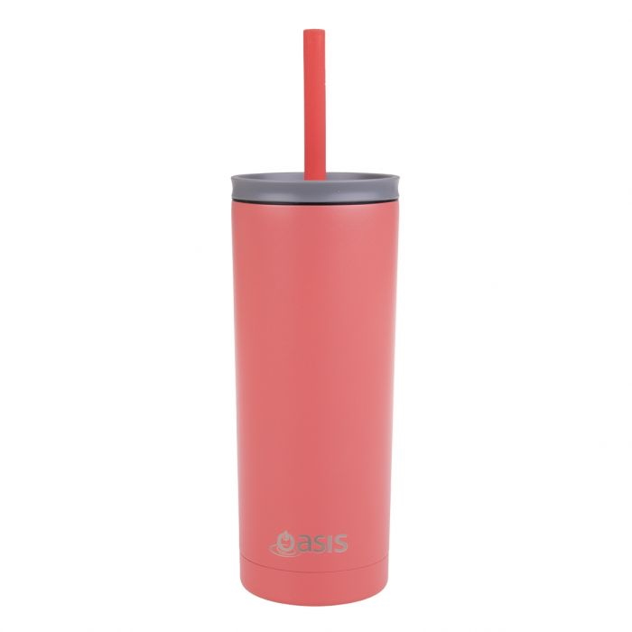 Oasis Super Sipper Insulated Tumbler W Silicone Head Straw 600ml - CORAL