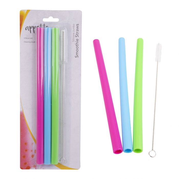 Appetito Silicone Jumbo Smoothie Straws Set 3 W/ Brush - 3 Asst. Colours-1