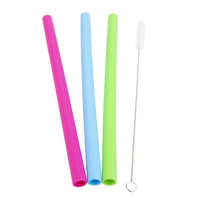 Appetito Silicone Jumbo Smoothie Straws Set 3 W/ Brush - 3 Asst. Colours-2