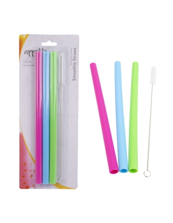 Appetito Silicone Jumbo Smoothie Straws Set 3 W/ Brush - 3 Asst. Colours