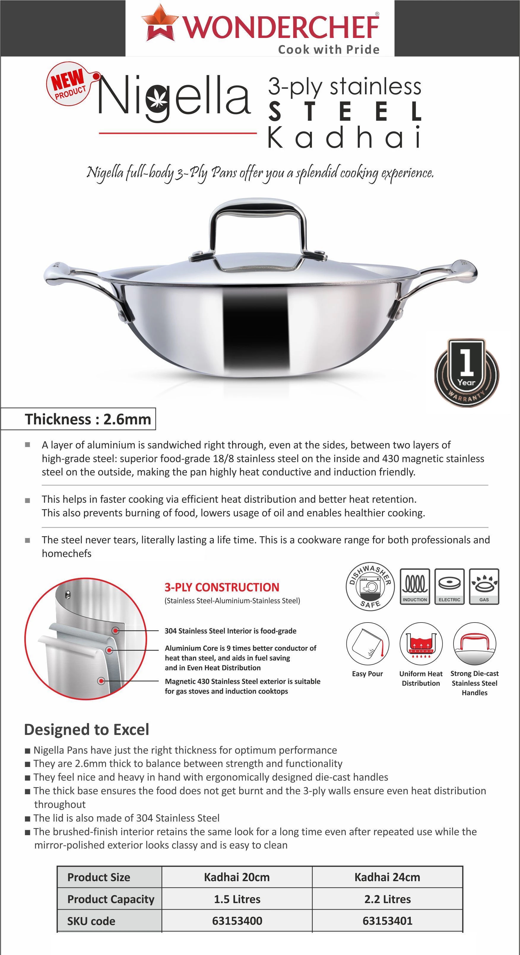 Wonderchef Nigella Stainless Steel Triply Kadhai With Lid 24 Cm 3L-2