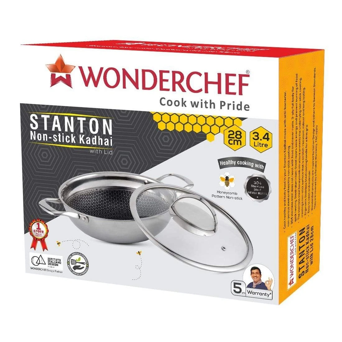 Wonderchef Stanton Stainless Steel Nonstick Kadhai With Lid 24cm 2L