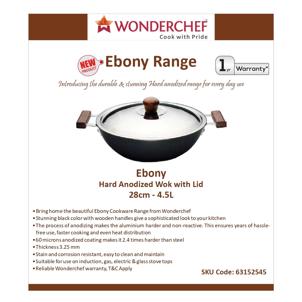 Wonderchef Ebony Hard Anodized Wok With Lid - 28cm 4.5L-4