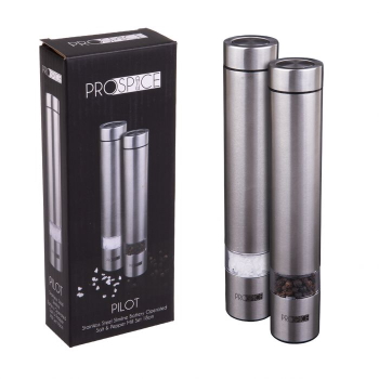 Pro Spice Electric Pilot Slimline 18cm Stainless Steel Salt & Pepper Mill Grinder Set