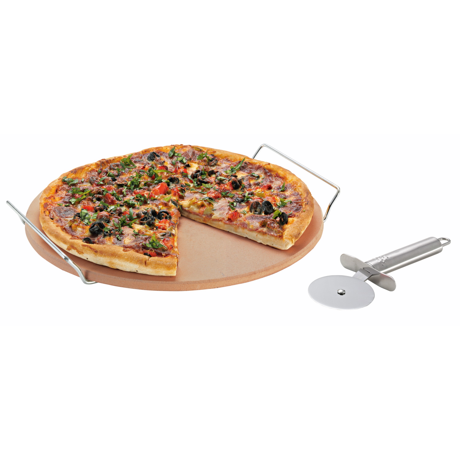 Pizza Stone Set with Rack and Pizza Cutter 33cm-2