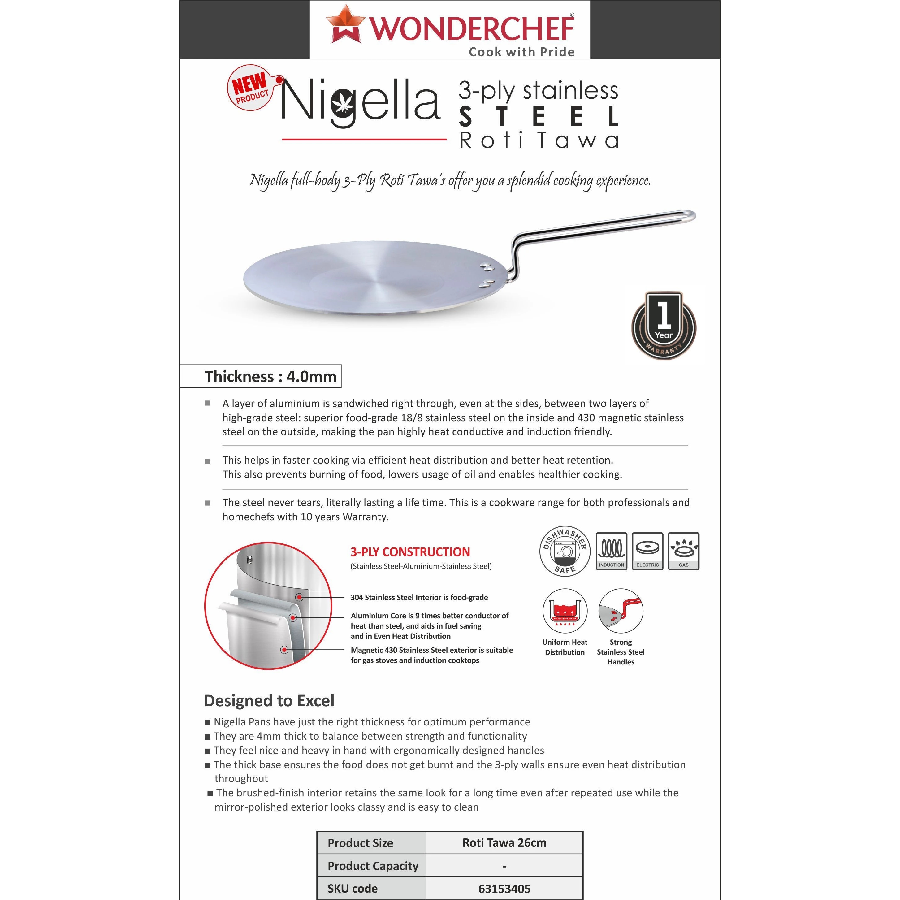 Wonderchef Ruby Stainless Steel Triply Concave Roti Tawa 26cm-2