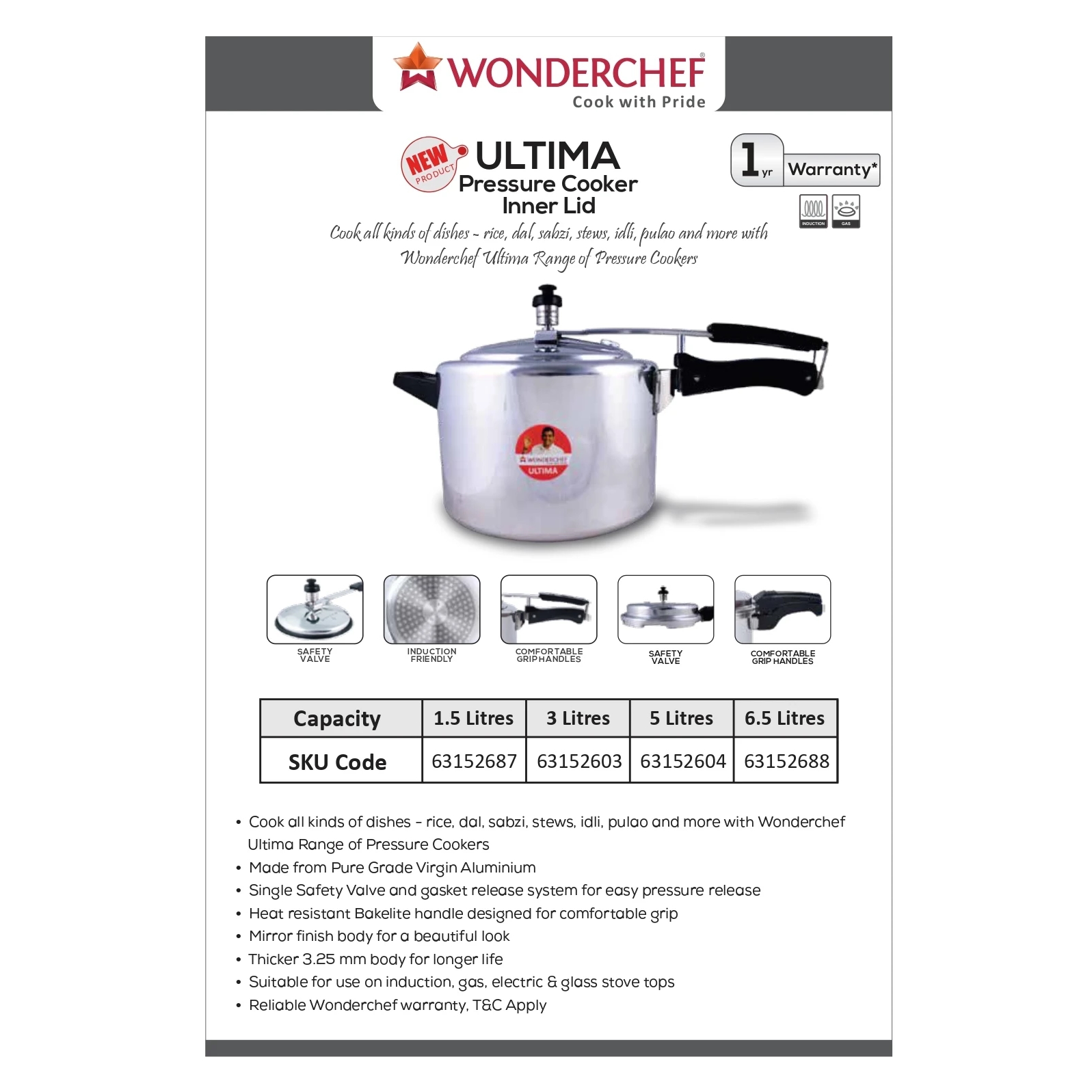 Wonderchef Ultima Pressure Cooker Inner Lid - Aluminium 1.5L-4