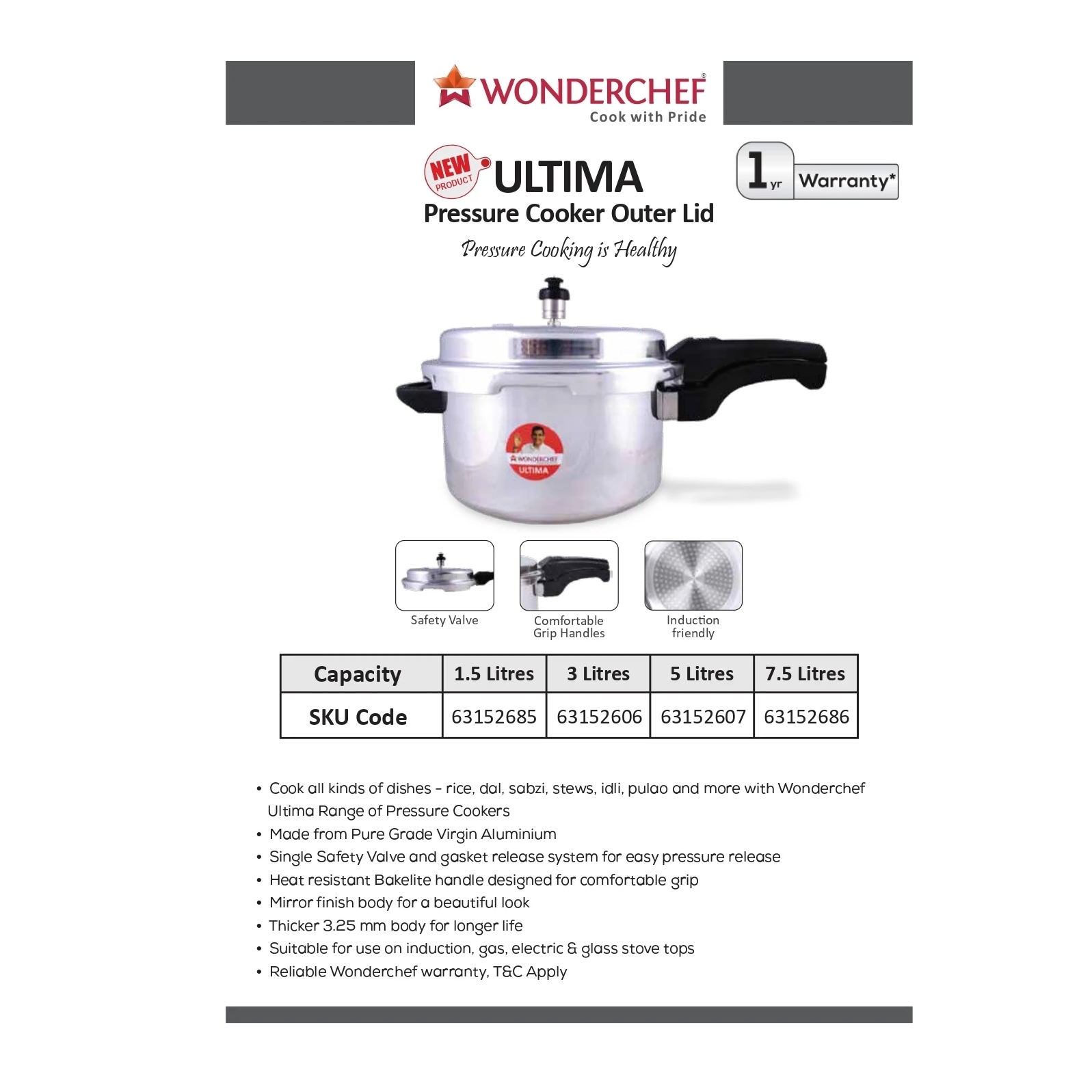 Wonderchef Ultima Pressure Cooker Outer Lid - Aluminium 1.5L-4
