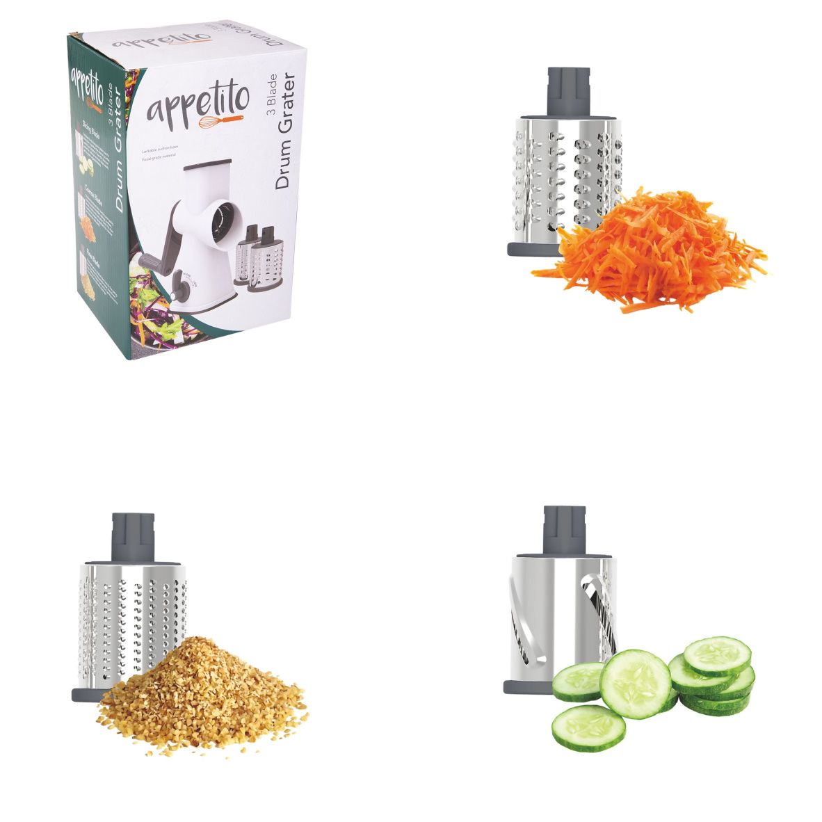 Appetito 3 Blade Drum Grater W/Lockable Suction Base-4