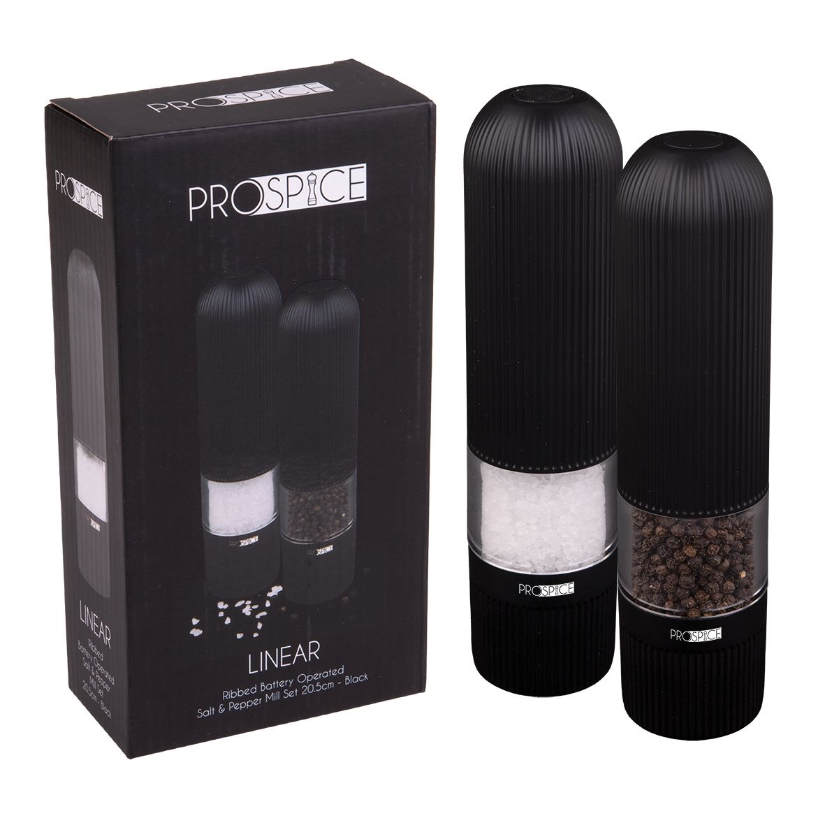 Prospice Linear Ribbed Battery Operated Salt & Pepper Mill Set 20.5cm - Black-1