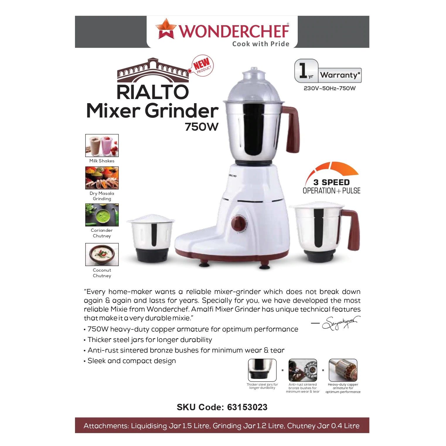 Wonderchef Rialto Mixer Grinder 750W with Australian Plug-2