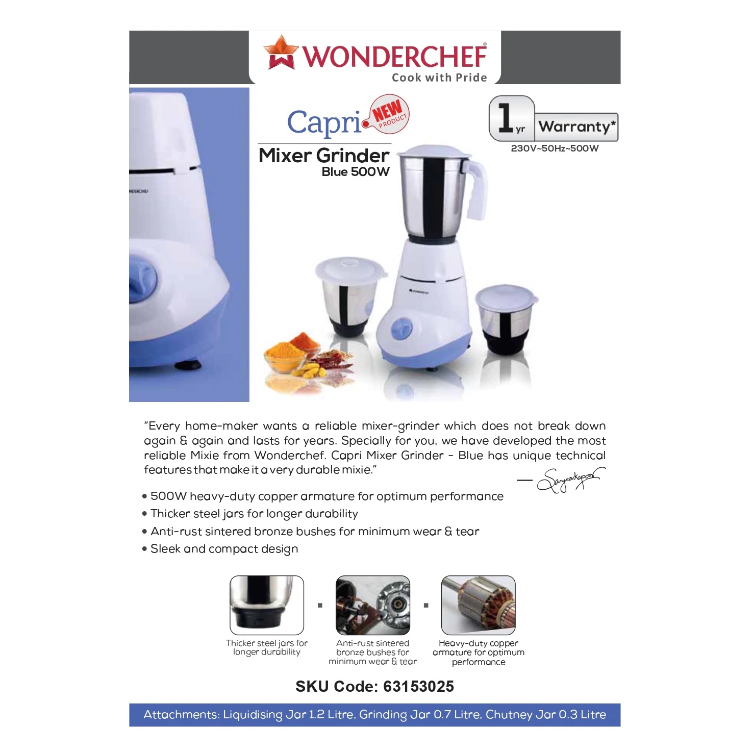 Wonderchef Capri Mixer Grinder 500W with Australian Plug-3