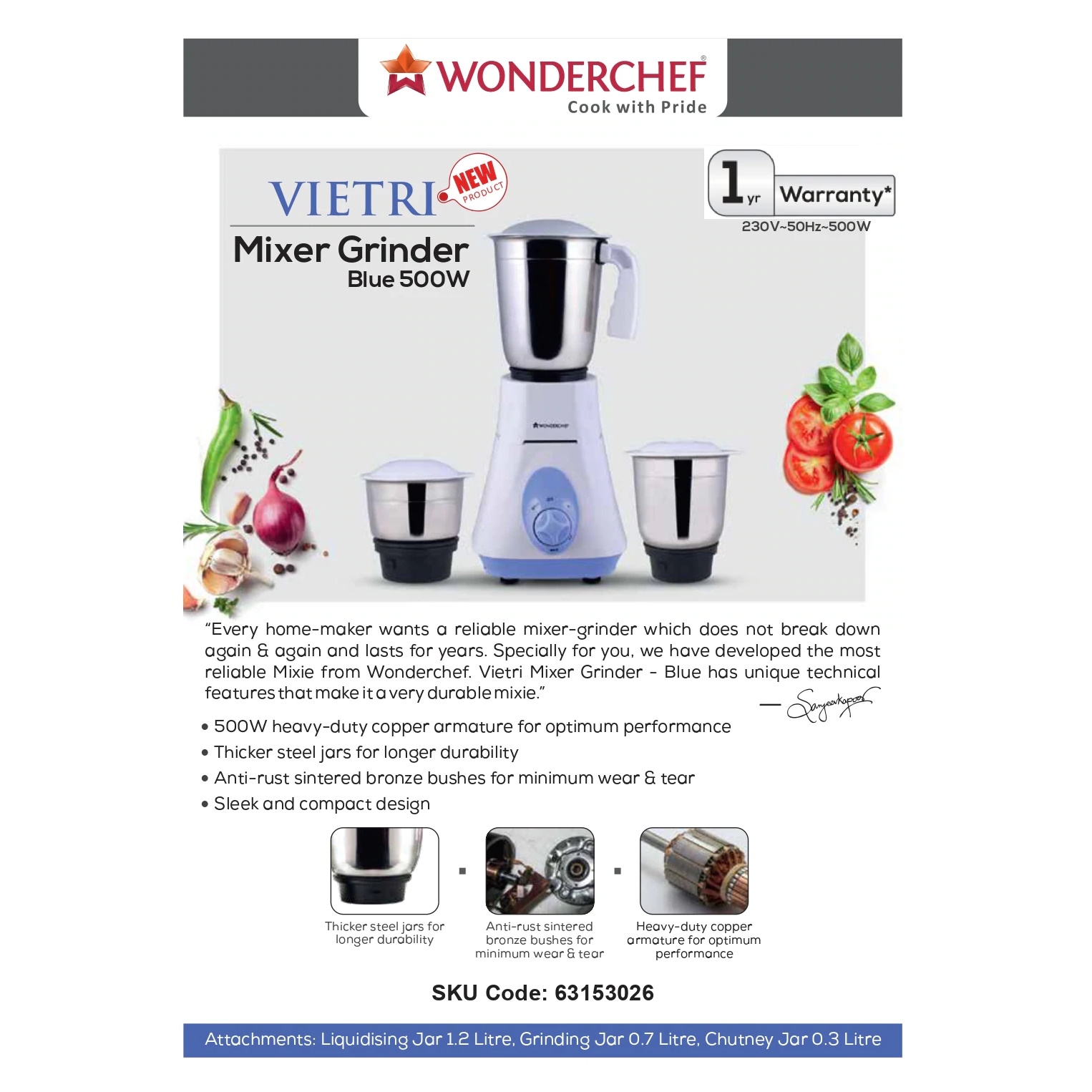 Wonderchef Vietri Mixer Grinder 500W with Australian Plug-2