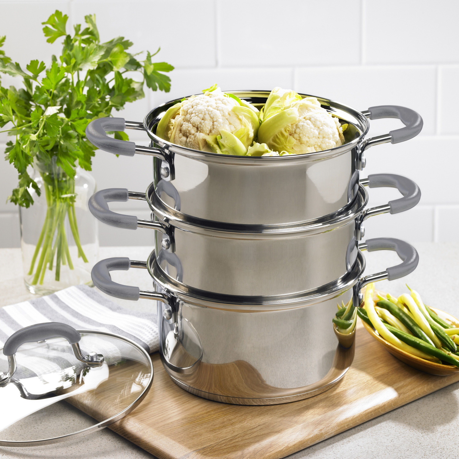 Davis & Waddell Argon 3 Tier Steamer With Glass Lid Stainless Steel 30x20x33cm/3.5l-3