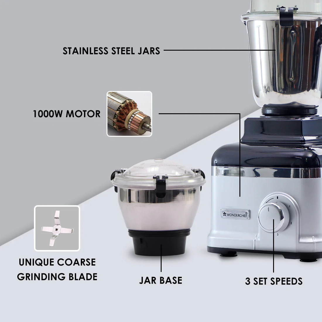 Wonderchef Sumo Silverado 1000 Watts Mixer Grinder With Australian Plug-2