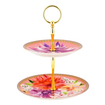 Maxwell & Williams Teas & Cs Dahlia Daze 2 Tiered Cake Stand Pink Gift Boxed