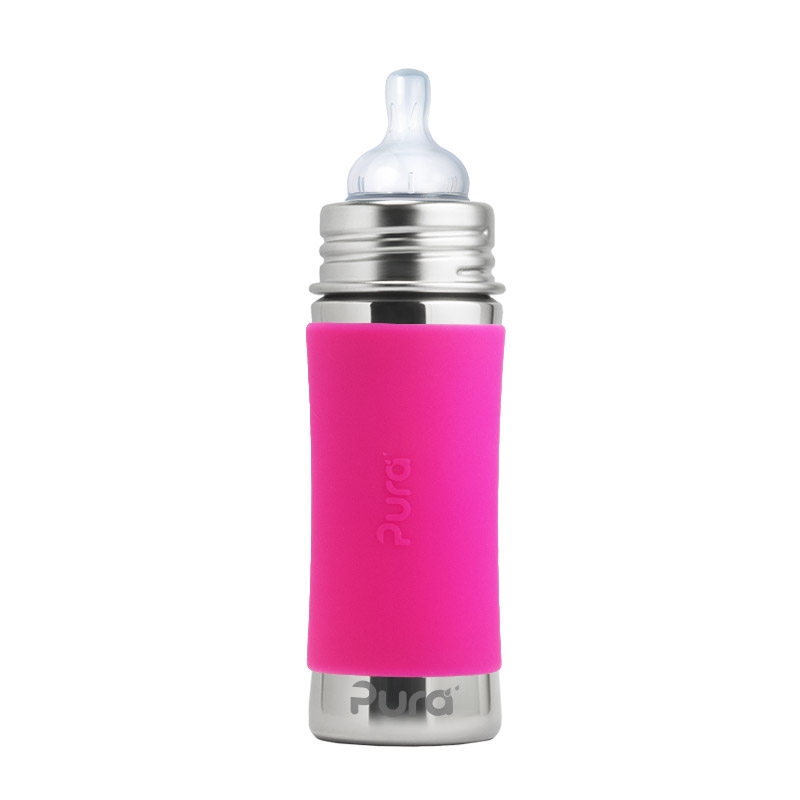 Pura Kiki 325ml Infant Bottle Medium Teat Pink Sleeve-1