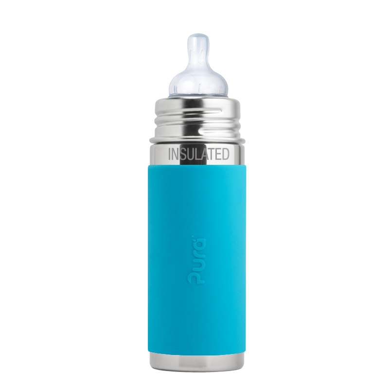 Pura Kiki 260ml Insulated Infant Bottle Medium Flow Teat Aqua Sleeve-1