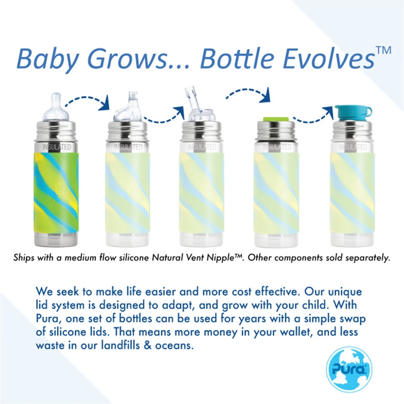 Pura Kiki 260ml Insulated Infant Bottle Medium Flow Teat Aqua Sleeve