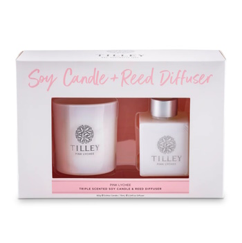 Tilley Pink Lychee 160g Candle & 75ml Reed Diffuser Gift Pack
