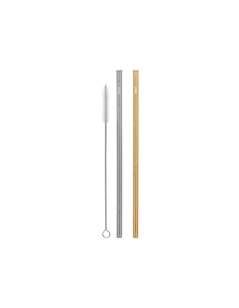 Cheeki 2 Pack Straight Stainless Steel Straws - Silver, Gold & Cleaning Brush