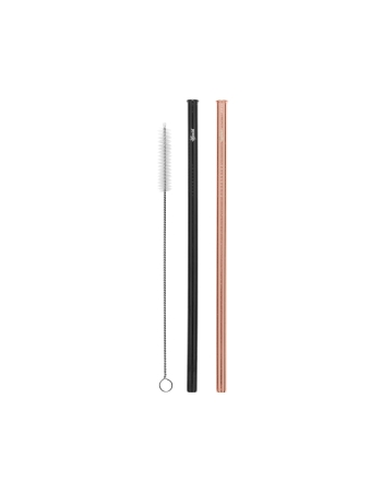 Cheeki 2 Pack Straight Stainless Steel Straws - Rose Gold, Black & Cleaning Brush