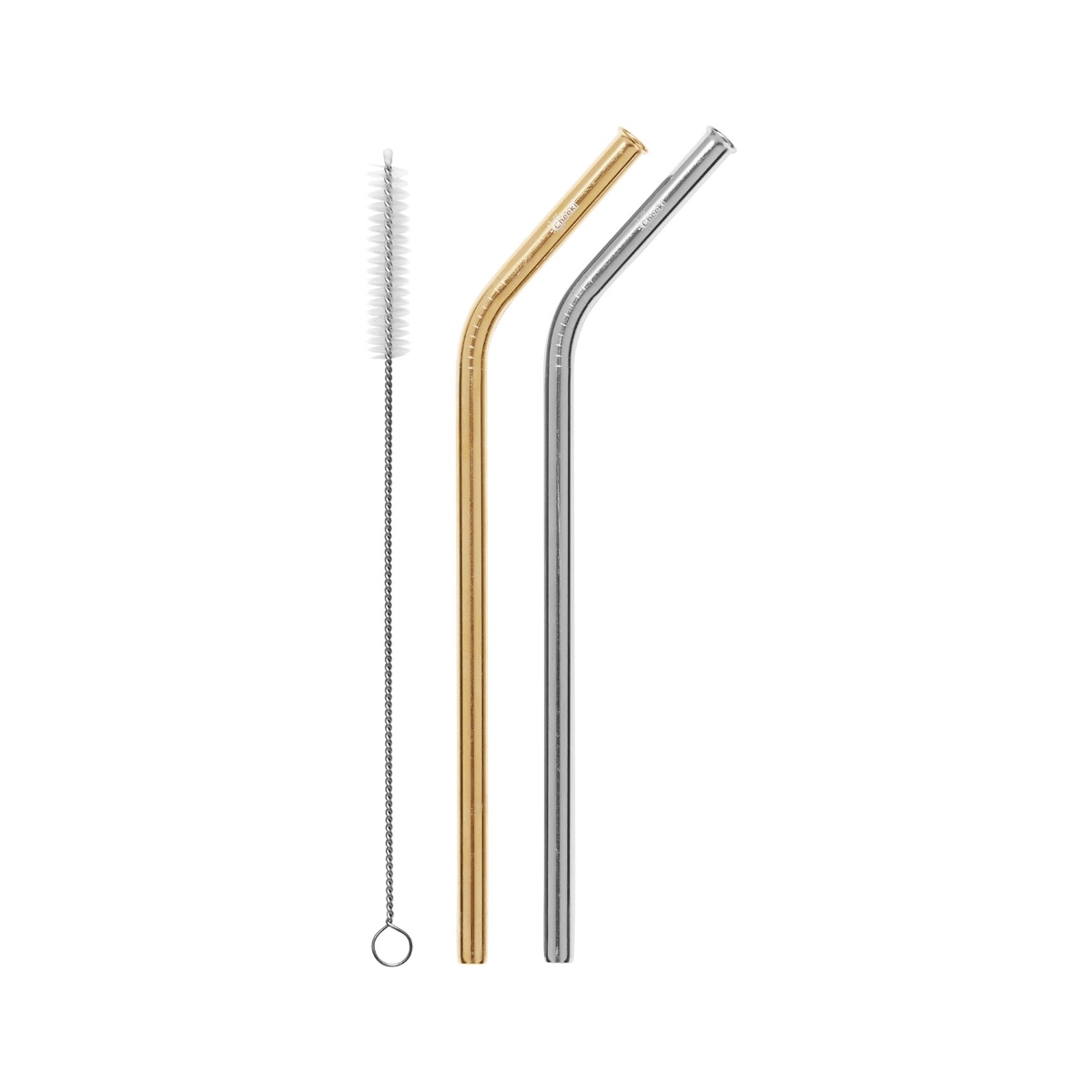 Cheeki 2 Pack Bent Stainless Steel Straws - Silver, Gold & Cleaning Brush