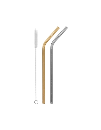 Cheeki 2 Pack Bent Stainless Steel Straws - Silver, Gold & Cleaning Brush