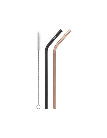 Cheeki 2 Pack Bent Stainless Steel Straws - Rose Gold, Black & Cleaning Brush