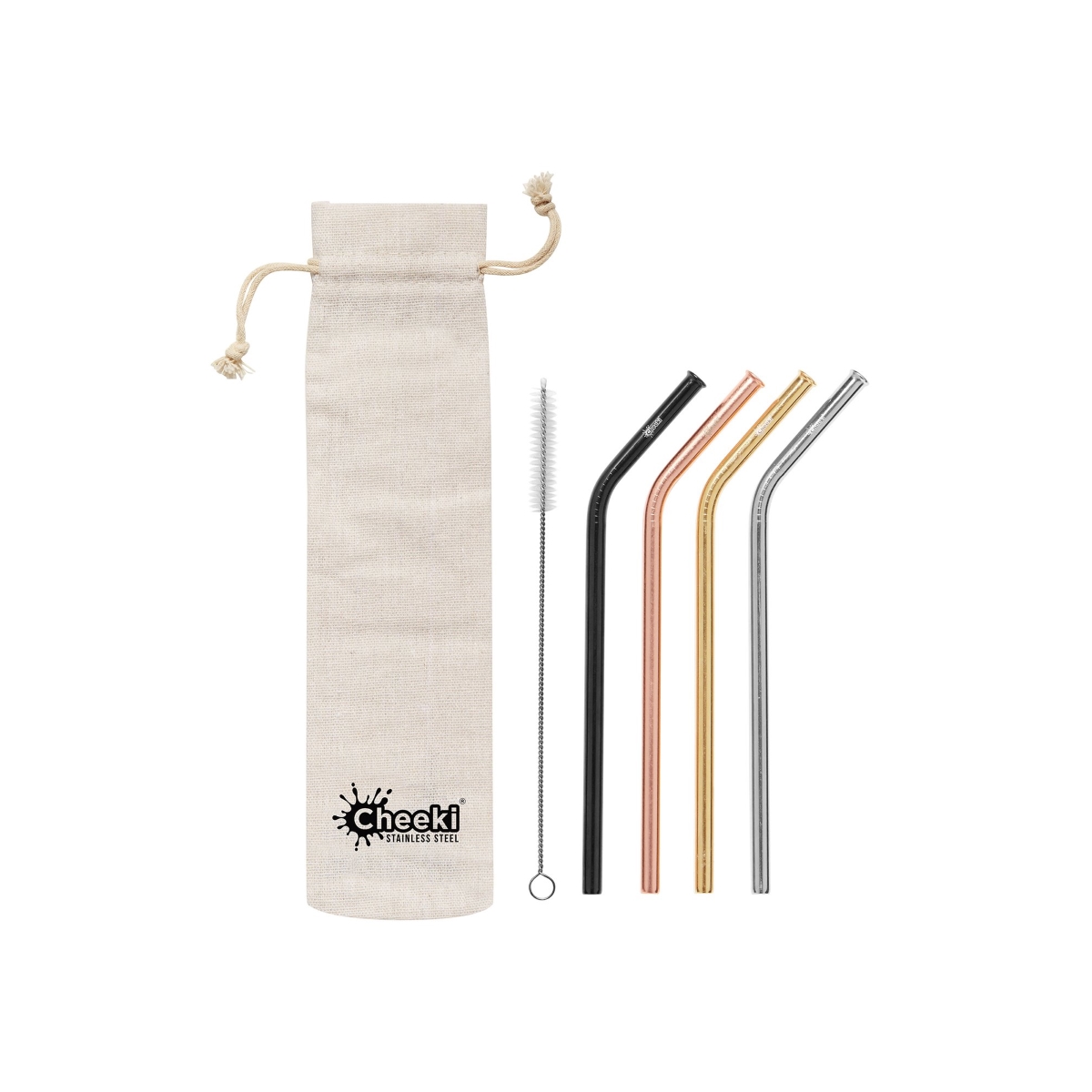 Cheeki 4 Pack Bent Stainless Steel Straws - Silver, Gold, Rose Gold, Black, Cleaning Brush + Bag