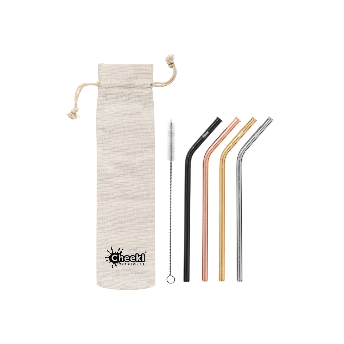 Cheeki 4 Pack Bent Stainless Steel Straws - Silver, Gold, Rose Gold, Black, Cleaning Brush + Bag-2