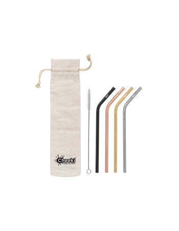 Cheeki 4 Pack Bent Stainless Steel Straws - Silver, Gold, Rose Gold, Black, Cleaning Brush + Bag