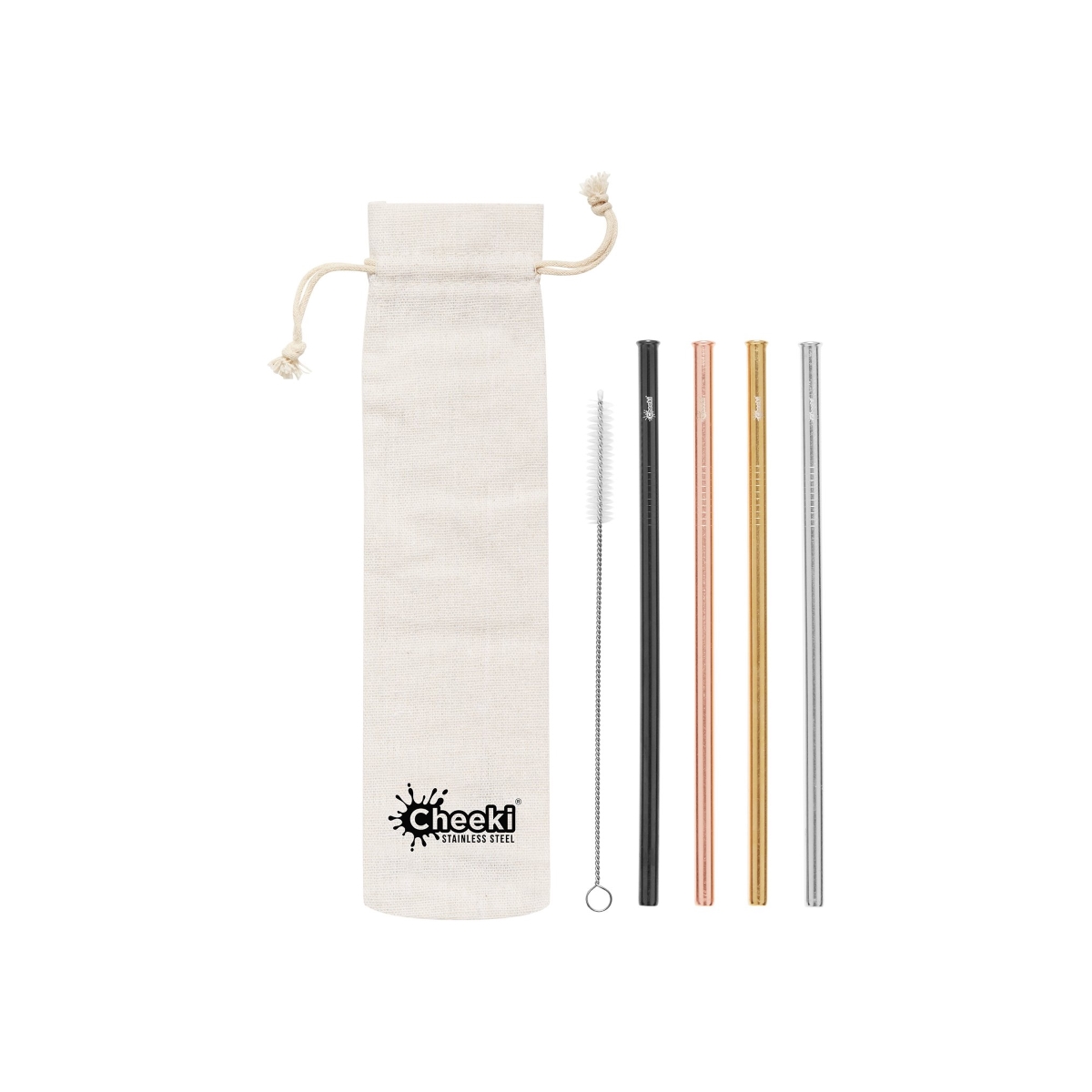 Cheeki 4 Pack Straight Stainless Steel Straws - Silver, Gold, Rose Gold, Black, Cleaning Brush + Bag