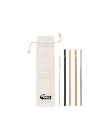 Cheeki 4 Pack Straight Stainless Steel Straws - Silver, Gold, Rose Gold, Black, Cleaning Brush + Bag