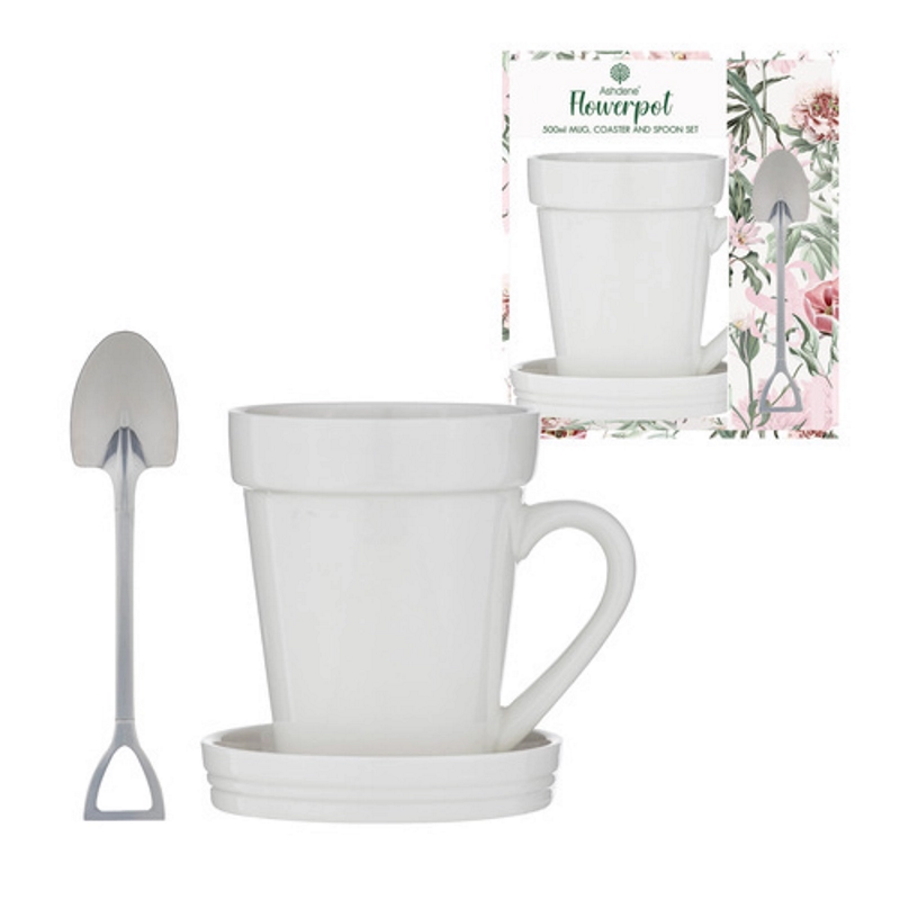 Ashdene Flowerpot White Mug Coaster Spoon Set