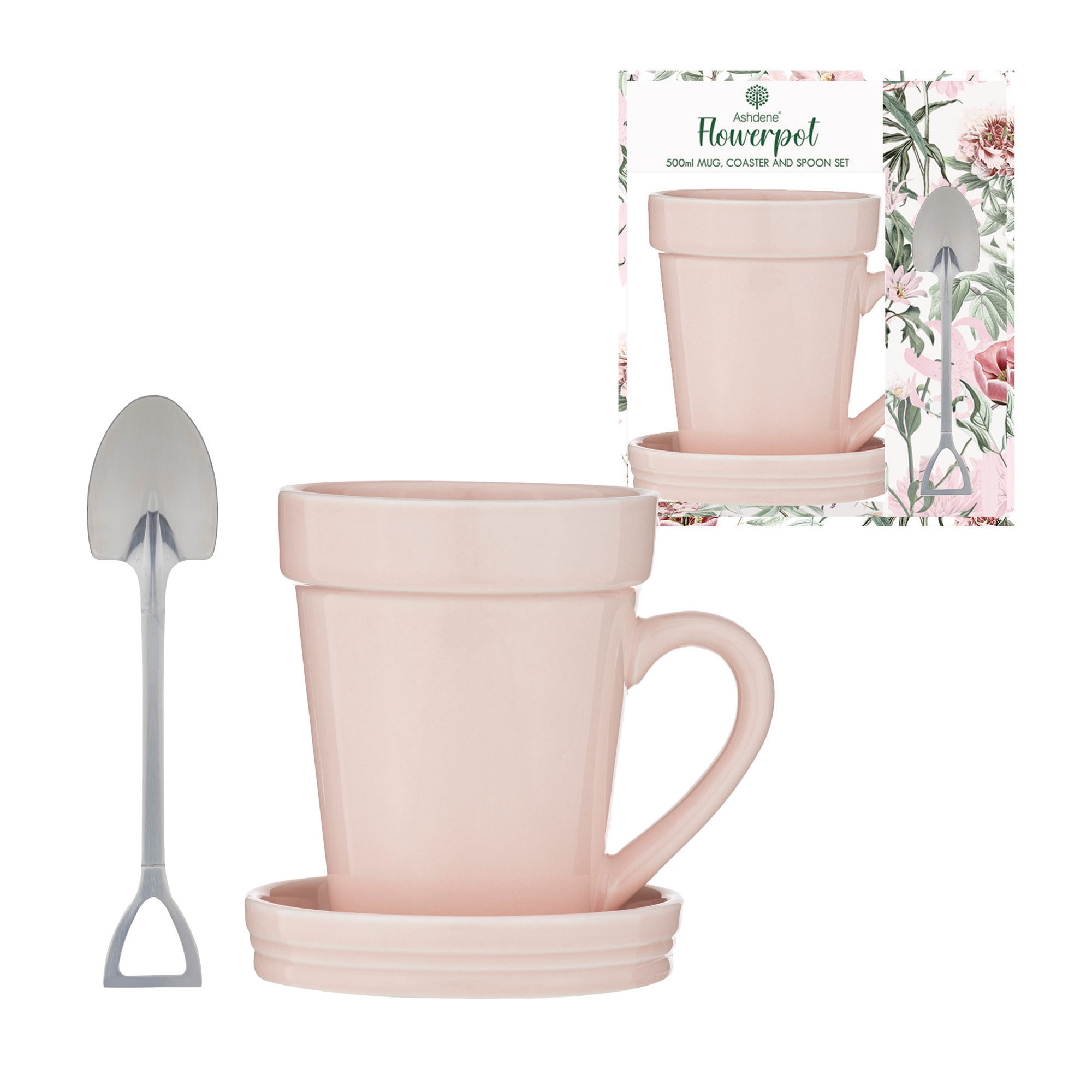 Ashdene Flowerpot Dusty Rose Mug Coaster Spoon Set