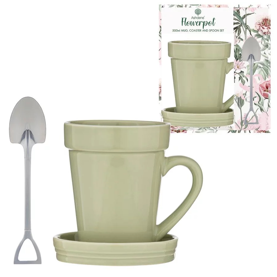 Ashdene Flowerpot Sage Mug Coaster Spoon Set-4