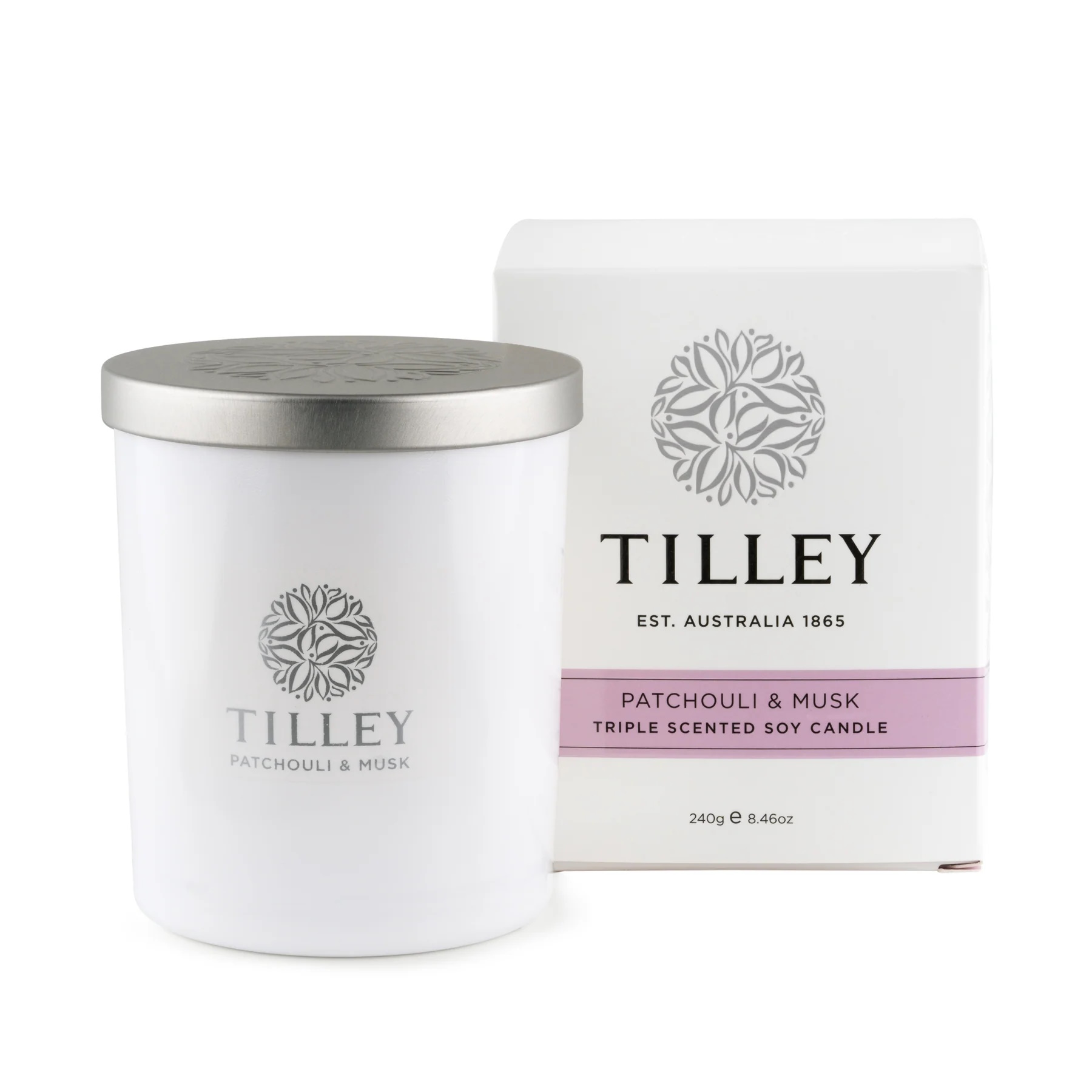 Tilley Classic White Patchouli & Musk Soy Candle 240g
