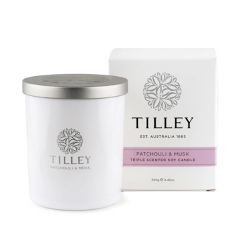 Tilley Classic White Patchouli & Musk Soy Candle 240g