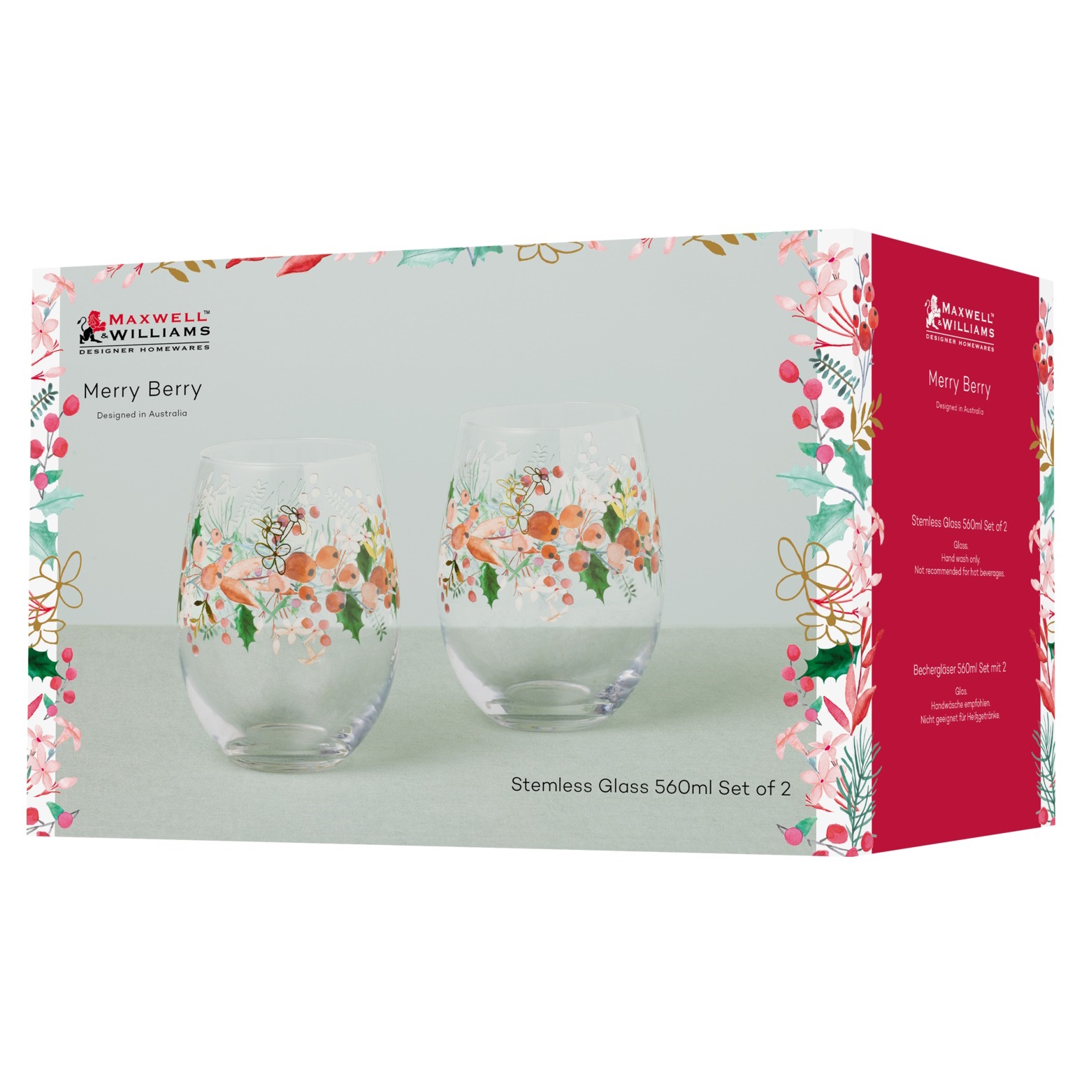 Maxwell & Williams Merry Berry Stemless Glass 560ML Set of 2 Gift Boxed
