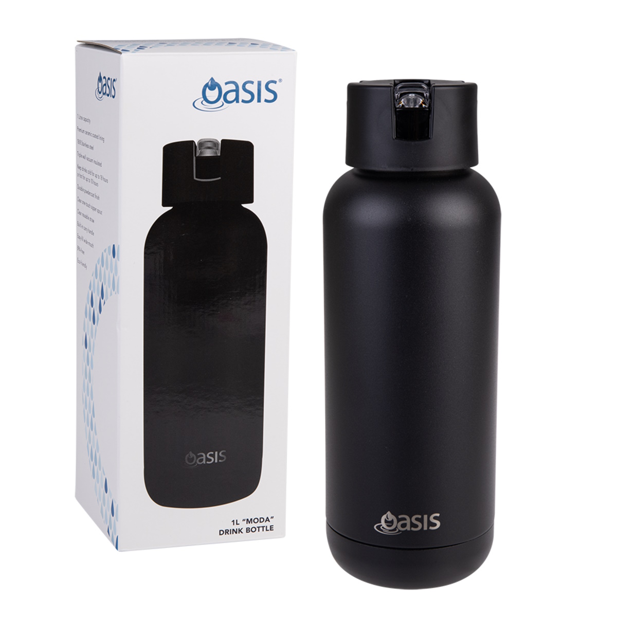 Oasis Moda Ceramic Lined Stainless Steel Triple Wall Insulated Drink Bottle 1l - Black-1