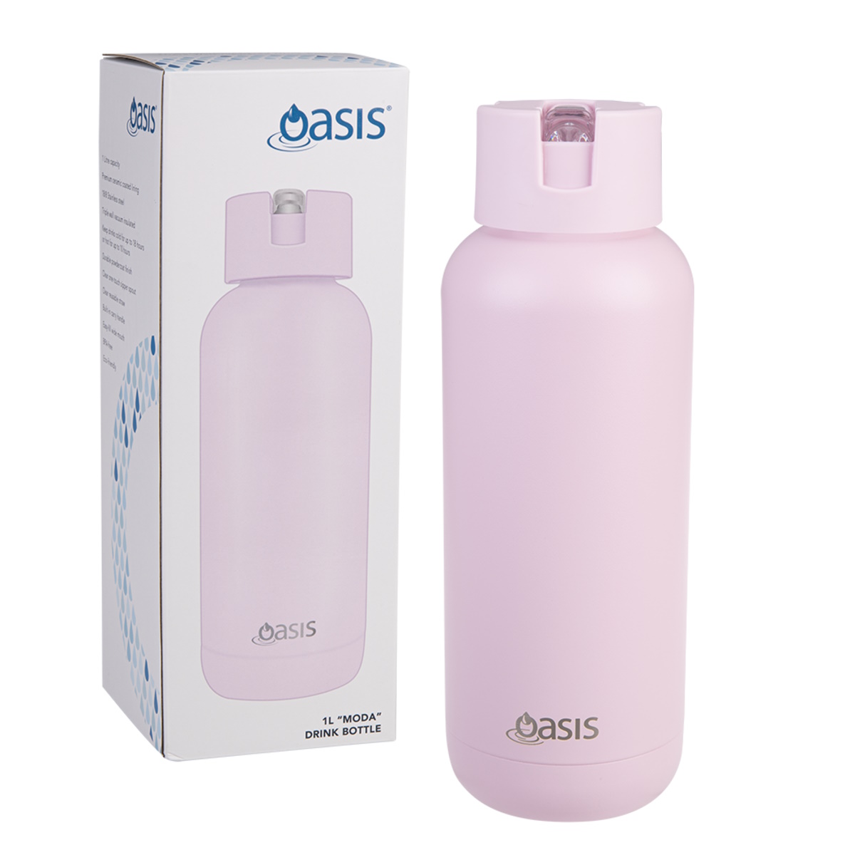 Oasis Moda Ceramic Lined Stainless Steel Triple Wall Insulated Drink Bottle 1l - Pink Lemonade-1
