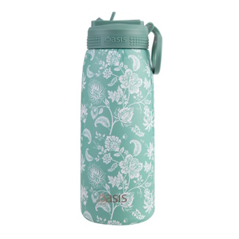 Oasis Stainless Steel Double Wall Insulated Sports Bottle With Sipper Straw 780ml - Green Paisley