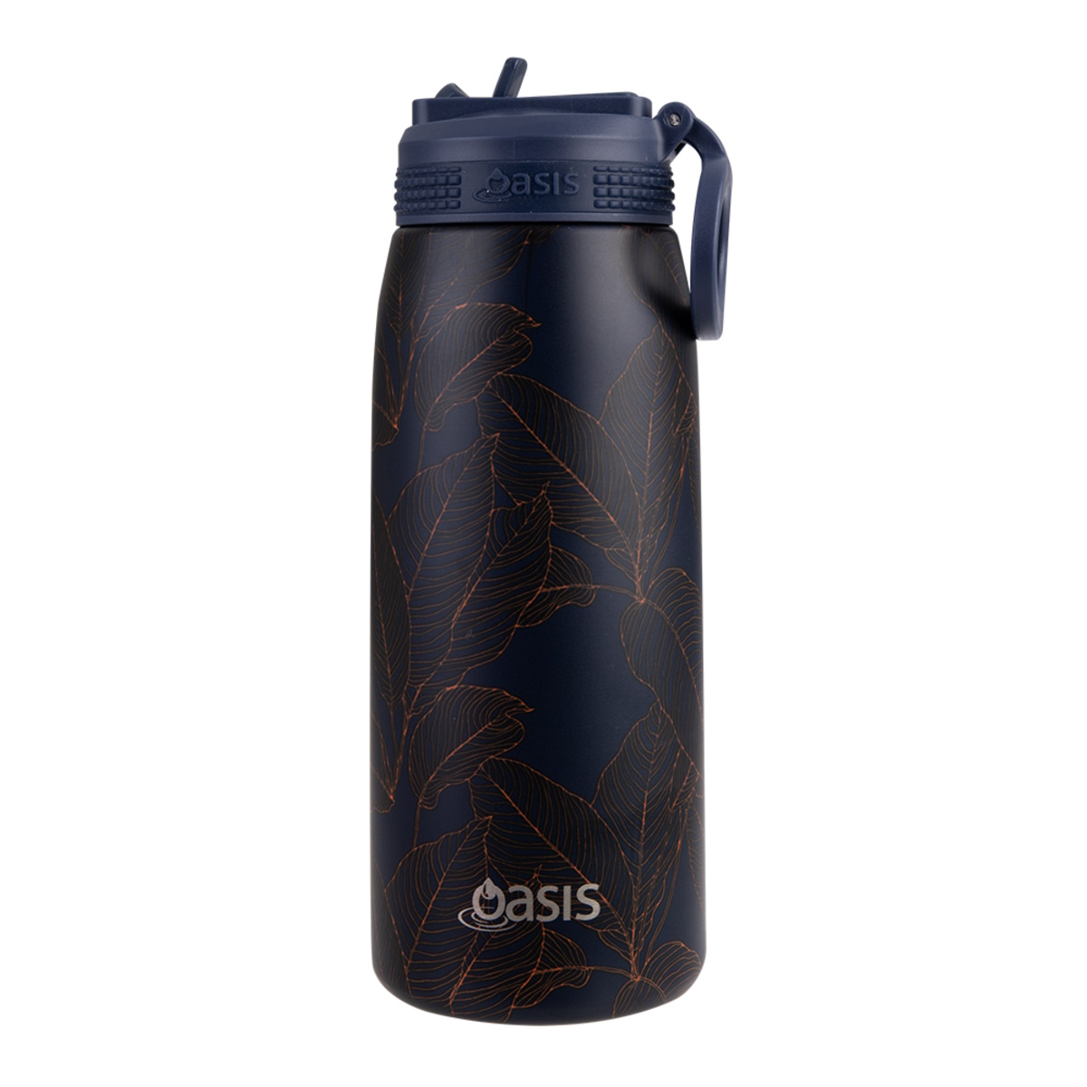 Oasis Stainless Steel Double Wall Insulated Sports Bottle With Sipper Straw 780ml - Navy Leaves-1