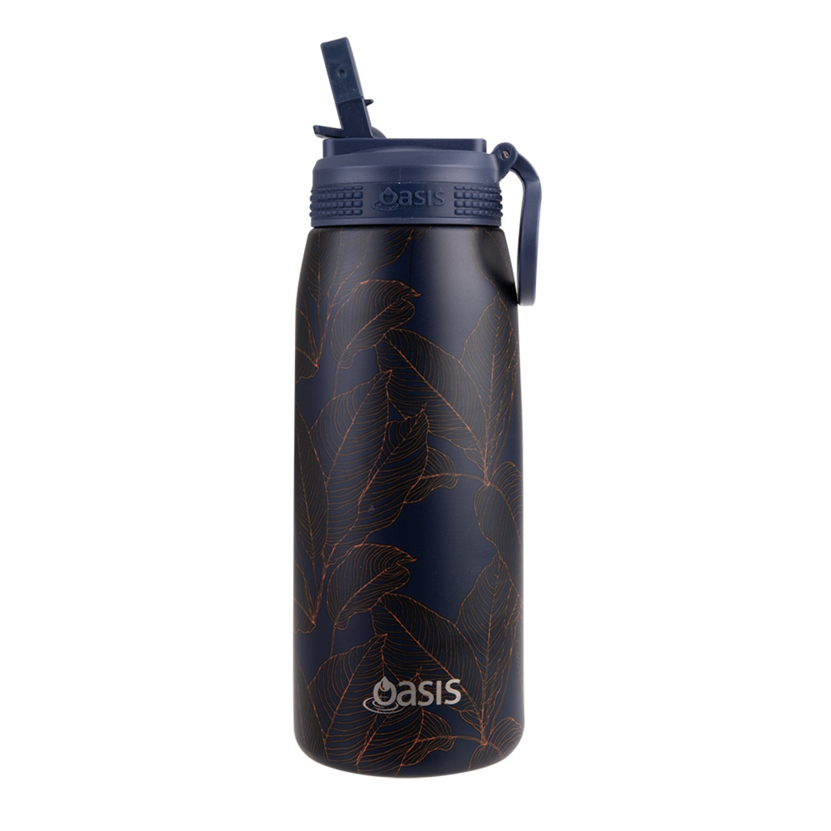 Oasis Stainless Steel Double Wall Insulated Sports Bottle With Sipper Straw 780ml - Navy Leaves-2