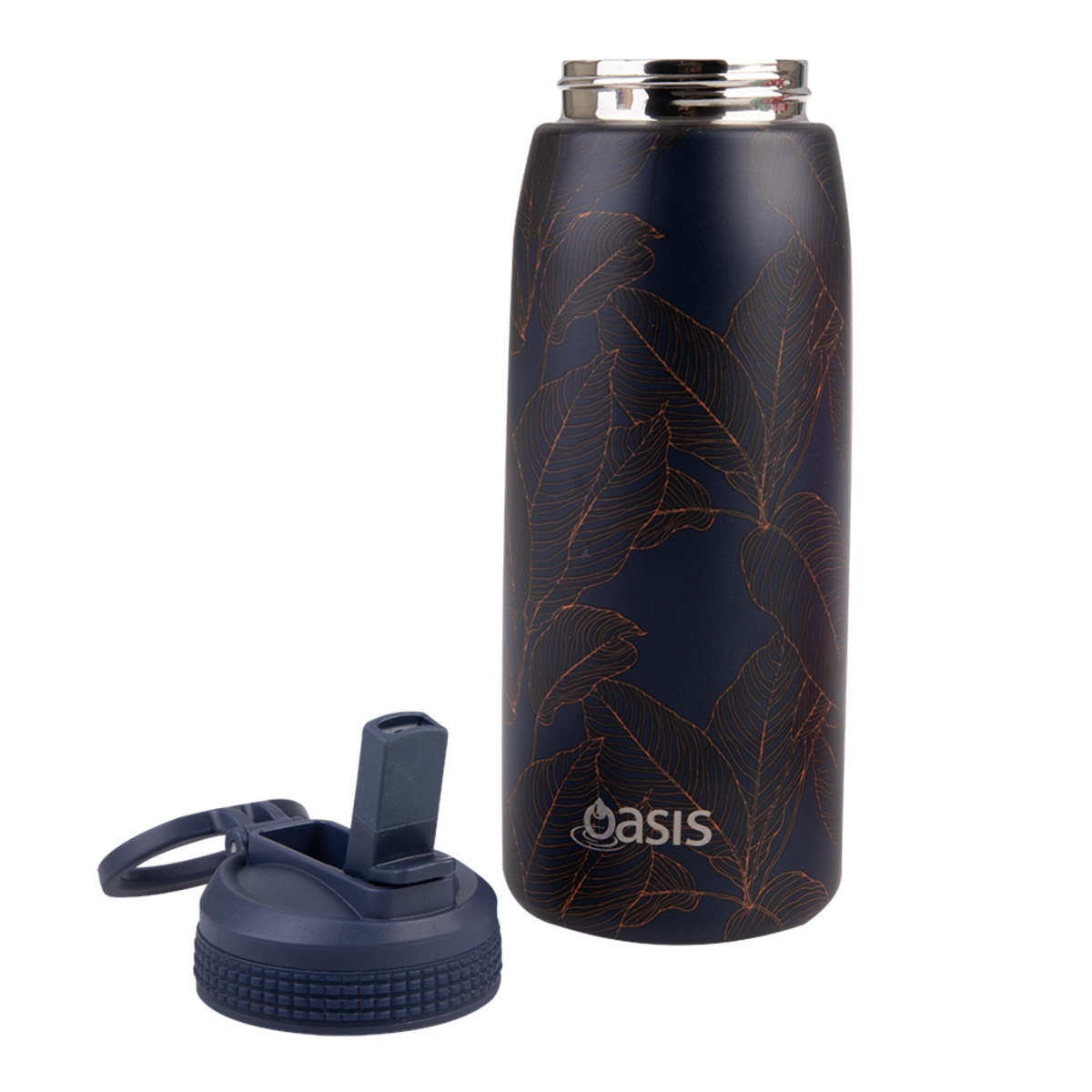 Oasis Stainless Steel Double Wall Insulated Sports Bottle With Sipper Straw 780ml - Navy Leaves-3