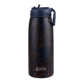 Oasis Stainless Steel Double Wall Insulated Sports Bottle With Sipper Straw 780ml - Navy Leaves