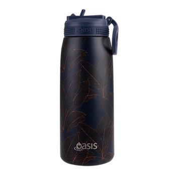 Oasis Stainless Steel Double Wall Insulated Sports Bottle With Sipper Straw 780ml - Navy Leaves